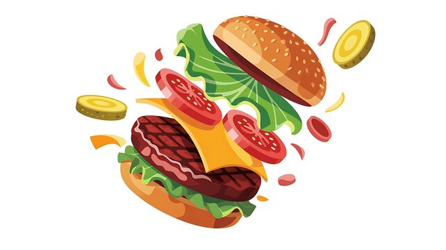 Deconstructed flying hamburger ingredients falling dynamically isolated on a transparent background. 