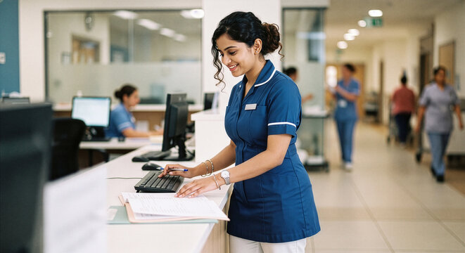 Indian Female Nurse Updating Patient Records at Hospital Reception Desk in Modern Healthcare Facility