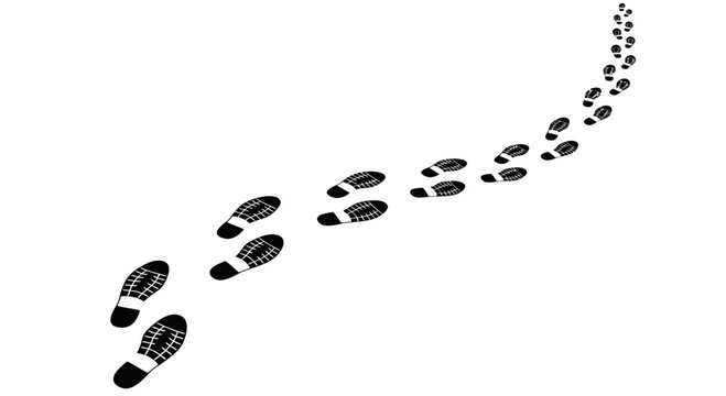 Black shoe footprints trail on white background, human boot prints path vector, walking track silhouette for investigation and journey concepts