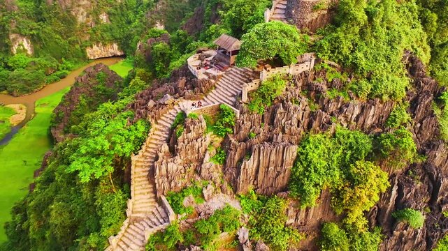 Aerial sunset view of Hang Mua viewpoint and the picturesque landscape of Ninh Binh in Vietnam