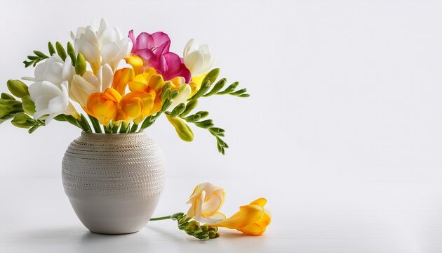 beautiful freesia flowers in ceramic vase on white background