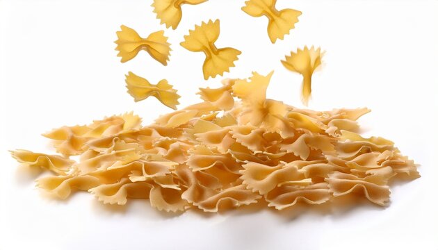 falling dry bow tie pasta pieces on white background
