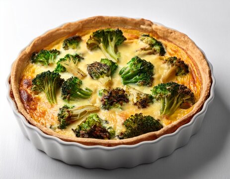 freshly baked broccoli and cheese quiche with golden crust on a white background