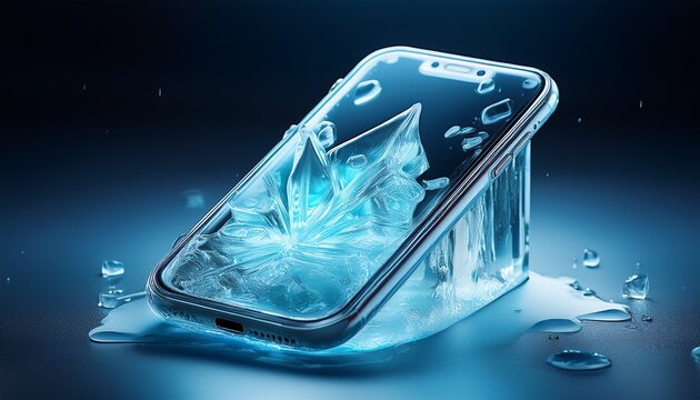 frozen tech smartphone encased in ice block