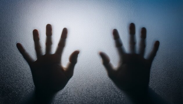 mysterious blurred silhouette of hands pressing against frosted glass creating a dramatic and eerie horror concept of fear and isolation