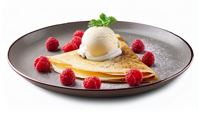 plate of crepe with ice cream and raspberries isolated on white background