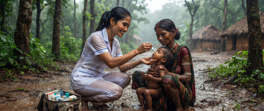 Indian Nurse Administering Oral Vaccine Drops to Tribal Child During Monsoon in Remote Forest Village &ndash; Rural Immunization and Community Healthcare