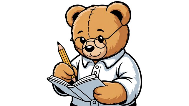 Diligent student teddy bear character vector illustration standing and writing notes or drawing in a small book using a pencil.