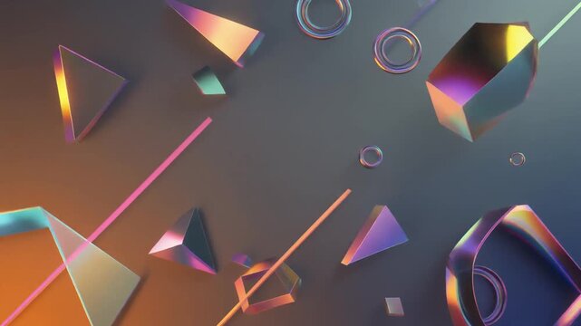 Abstract floating geometric shapes in surreal 3D space with vibrant lighting and futuristic digital art concept from dynamic low-angle view