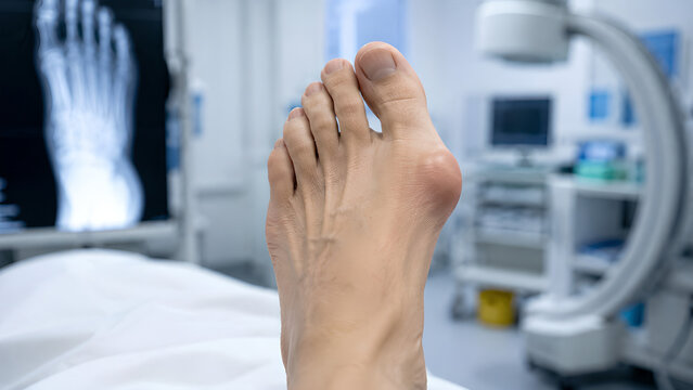 Bunion hallux valgus foot radiology concept showing misaligned big toe and joint deformity in a clean clinical imaging room for healthcare, medical education, radiology, and patient education use