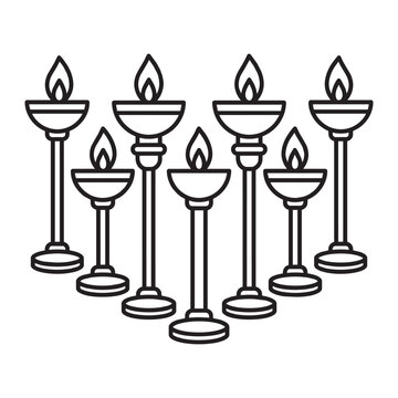 Group of seven traditional tall oil lamps with burning flames for Diwali festival or Hindu religious temple ceremonies isolated on white background