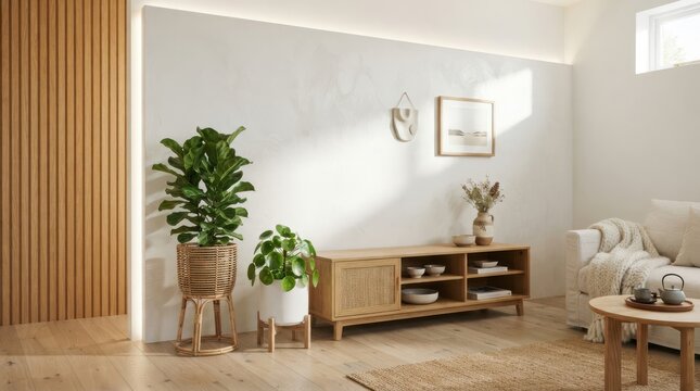 Modern minimalist living room with natural wood and rattan accents