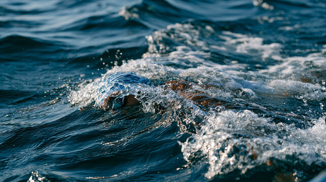Open ocean swimmer mid-stroke in dark blue deep water, escort kayak visible at edge of frame, swim cap and goggles, no land visible anywhere, endurance challenge solo athlete marathon swimming sport