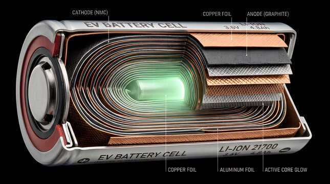 Battery cell cross section displays internal components including copper foil, graphite anode, and cathode layers, highlighting the advanced engineering of modern lithium-ion energy storage.