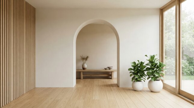 Minimalist interior design with archway and wooden accents