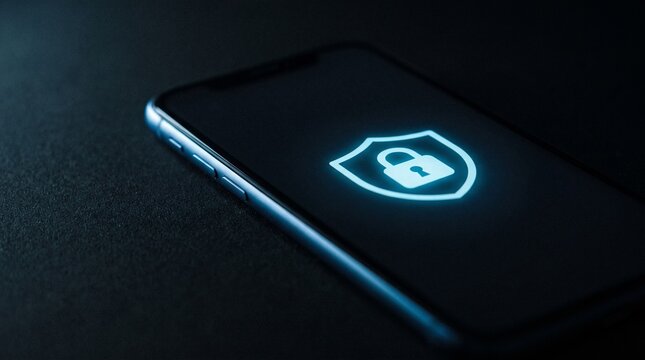 Digital security padlock glowing on smartphone screen. Cyber protection shield icon for online privacy and data encryption.