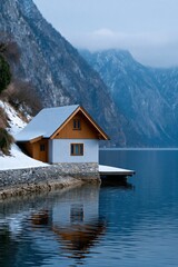 Fototapeta premium Boathouse on a calm lake with mountain reflection and snowy shore for minimalist wallpaper and banner background