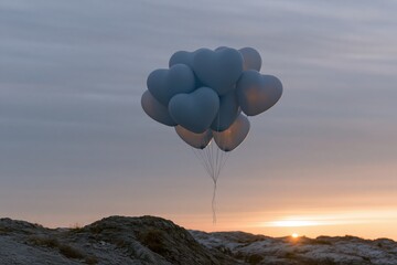 Fototapeta premium Floating bundle of heart shaped balloons over coastal rocks at sunrise background for romantic banner and pastel wallpaper design