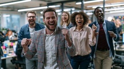 Obraz premium Business Colleagues Celebrate Success and Dance Together in a Modern Office After Completing a Major Project