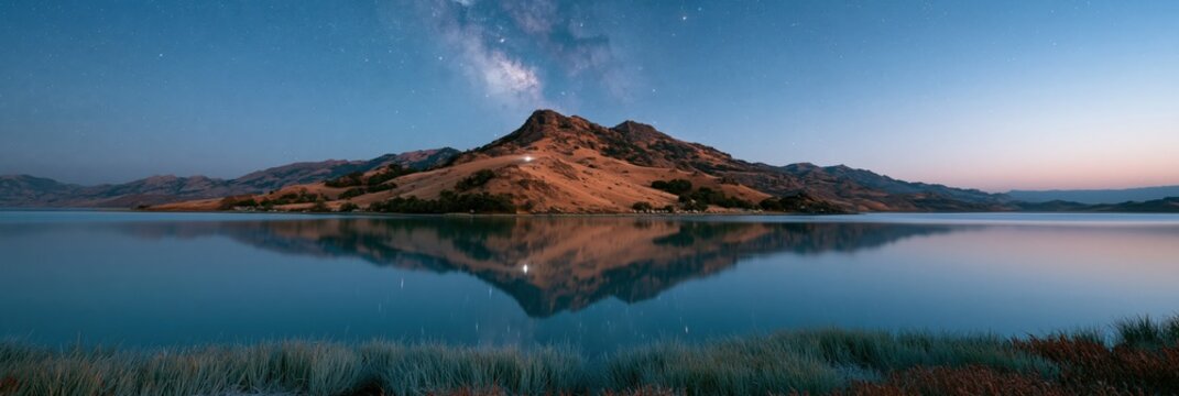 Panoramic lake and mountain reflection under starry sky with milky way for wide landscape wallpaper and banner design