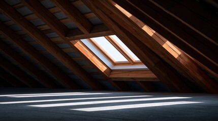 Naklejka premium Spacious attic loft with wooden rafters and angled skylight windows casting dramatic light for interior background and architectural banner