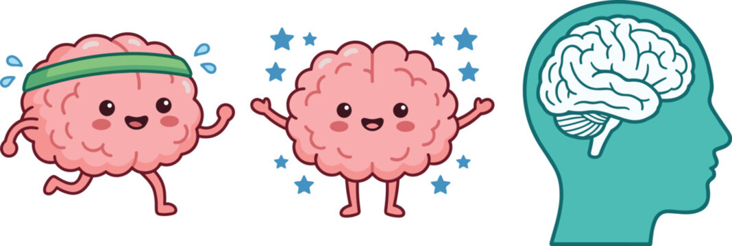 Cute Brain Character Vector Set Featuring Mental Fitness Exercise Running Mascot and Healthy Human Head Profile Illustration for Psychology Concepts