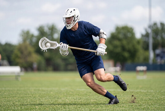 Lacrosse player running across the field while cradling the ball in his stick