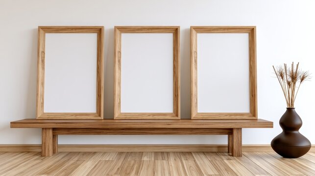 Three wooden frames stand on a bench. Wall art mockup for decor.