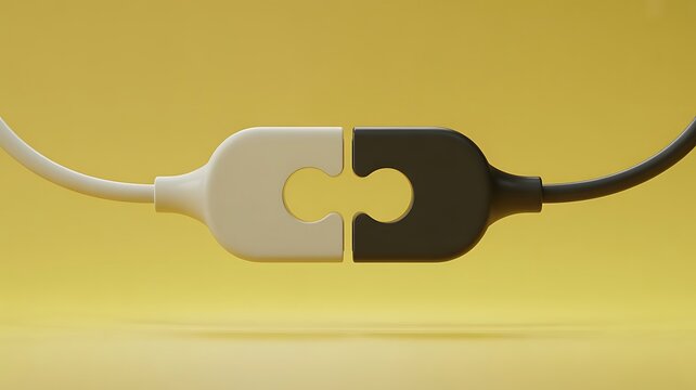Two electrical cable ends shaped like puzzle pieces in white and black connecting on a solid yellow background, representing power and connectivity