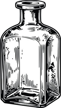An engraving of a vintage glass bottle for Halloween potions against a white background conveying a spooky antique feel