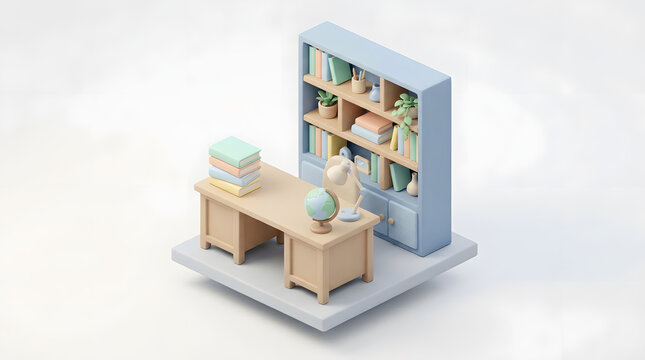 Isometric miniature study room with bookshelf and wooden desk isometric bookshelf