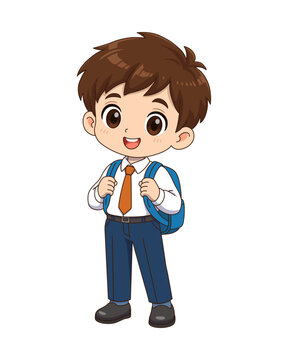 Cute schoolboy with school bag. Elementary student boy standing wearing blue uniform and orange tie. Little cartoon schoolboy with backpack school bag. Back to school smiling character concept.