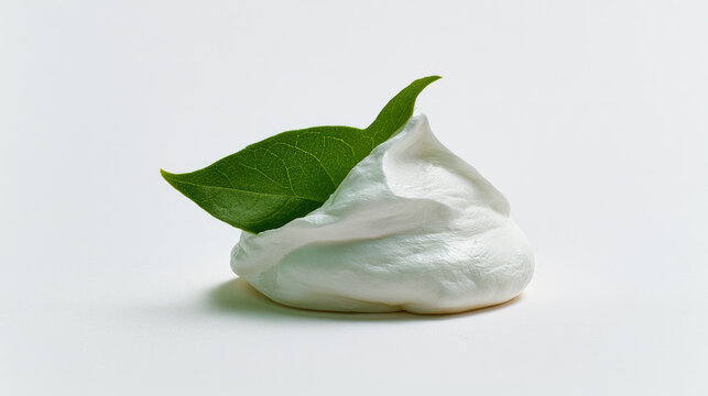 White cream green leaf skin barrier protective cream natural ingredient cosmetic product skincare moisturizer smooth texture clean background white surface minimalism macro closeup fresh delicate