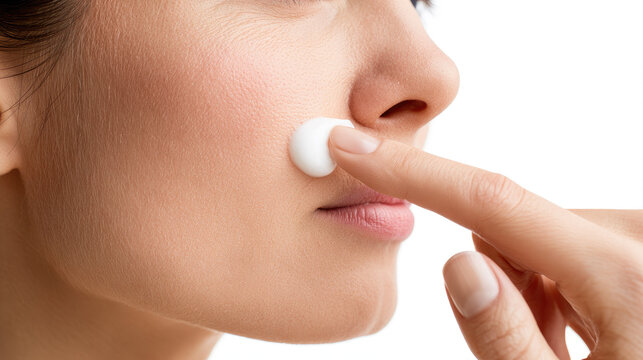 Cheek cream application finger dabbing white cream on cheek and jawline close up of female face skin care cold wind protection natural redness smooth skin minimalist background