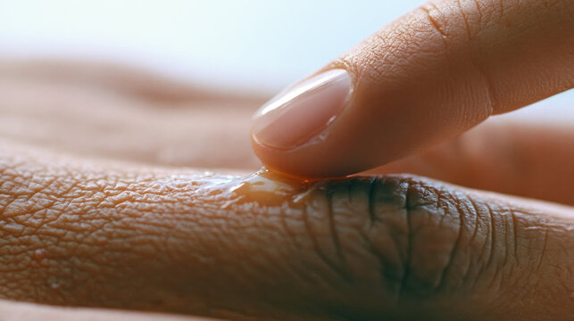 Close up finger applying balm to dry cracked knuckle, natural skin texture with glossy sheen and copy space