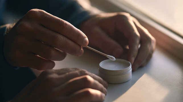 Cotton swab ointment jar hand skin care balm close up natural light window recovery hygiene