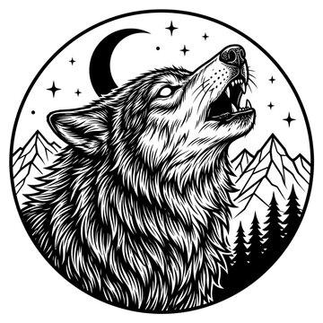 Fierce wolf howling at the moon. Wild animal silhouette in a mountain forest landscape.