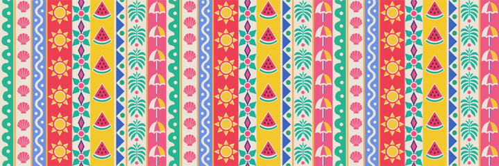 Obraz premium Summer seamless pattern. Vector illustration of a fun abstract striped background with stripes, sun, shell, watermelon, palm leaves, and beach umbrella for fabric, wallpaper, wrapping, packaging and t