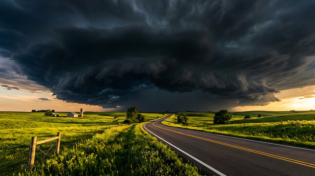 Ominous supercell storm clouds looming over rural country road with supercell