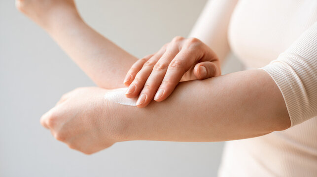 Topical cream application on wrist and arm with soft natural skin and minimal background