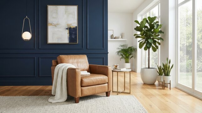 Cozy leather armchair in a modern living room with navy blue accent wall