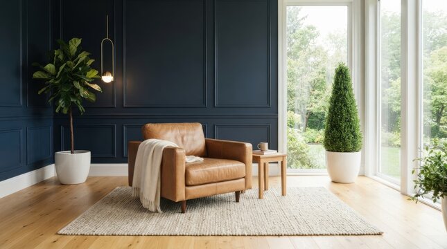 Cozy reading nook with leather armchair and navy blue paneled wall