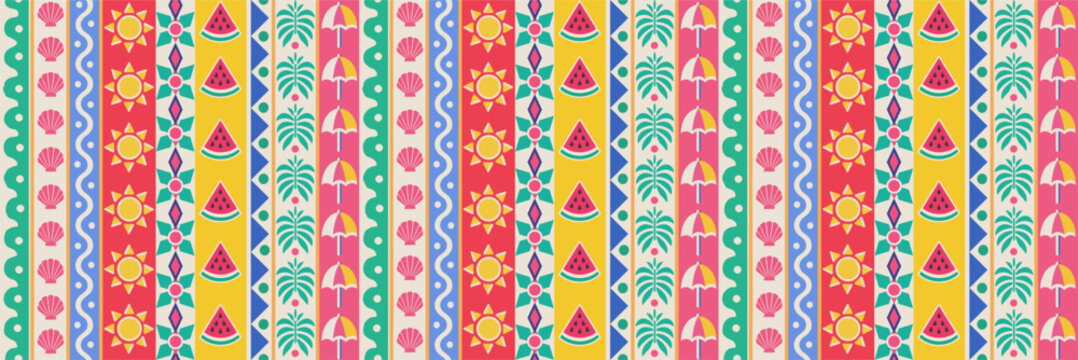 Summer seamless pattern. Vector illustration of a fun abstract striped background with stripes, sun, shell, watermelon, palm leaves, and beach umbrella for fabric, wallpaper, wrapping, packaging and t