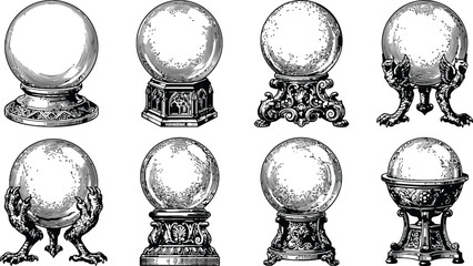 Ornate antique crystal balls in an engraving style evoking vintage halloween magic and mystery during a dark night © Mahi Fattah