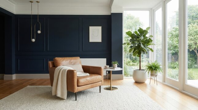 Modern living room with leather armchair and navy blue paneled wall