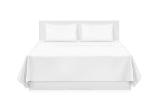 White double bed with two pillows and clean linens mockup. 3D hight realistic vector illustration isolated on white background. Scalable without lose quality. Ready layered template. EPS10.