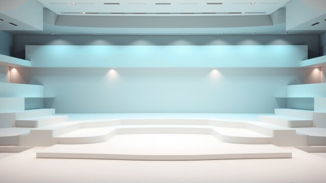 Empty stage. White platforms ascend toward illuminated backdrop. Minimalist design, clean lines, dramatic lighting creates spacious feel.