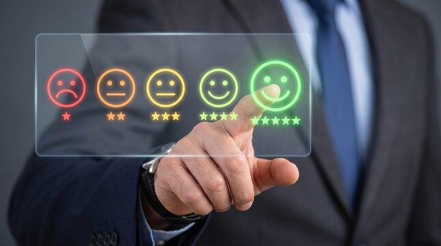 Businessman selecting five-star customer satisfaction rating on digital interface with smiley faces