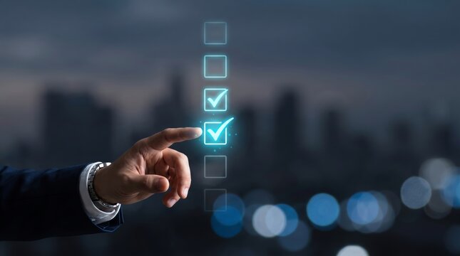 Businessman hand touching futuristic digital checklist interface against blurred city background