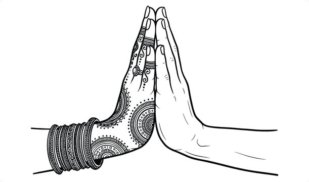 Namaste greeting hands with henna and bangles in a cultural gesture of welcome and respect